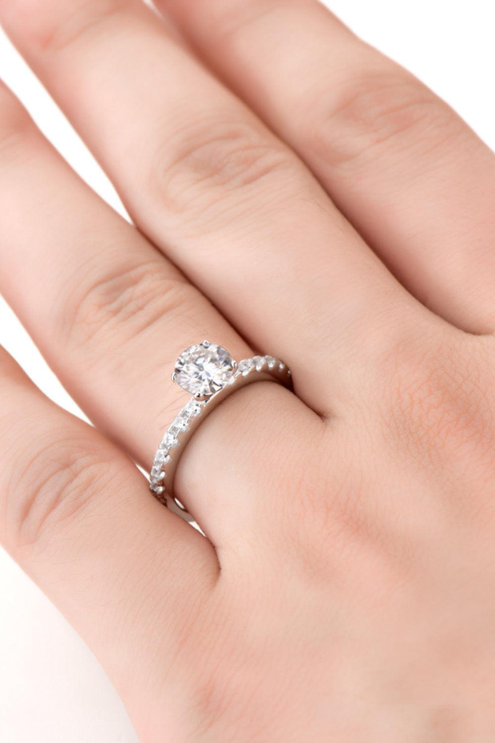 Sparkle Luxe Platinum Moissanite Statement Ring in silver sterling silver with pavé band.