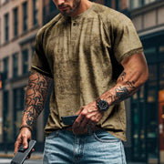 Textured Henley tee in Army Green with raglan sleeves and button placket.