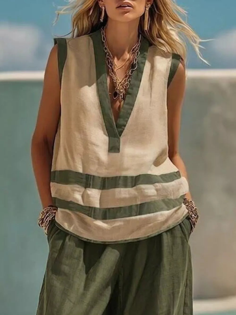 Striped Sleeveless Top And Wide-leg Pants Set, side view