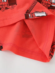 Toddler red cotton t-shirt with fire truck print and double-stitched hem.