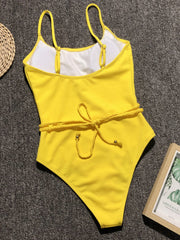 Yellow ribbed one-piece swimsuit with braided waist tie and adjustable straps
