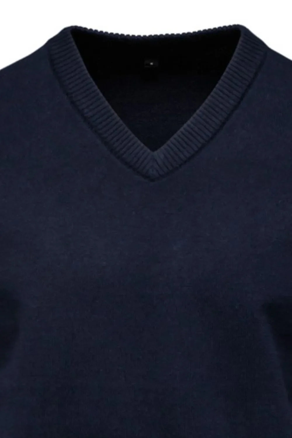 Navy ribbed knit V-neck sweater with ribbed collar detail
