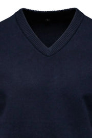 Navy ribbed knit V-neck sweater with ribbed collar detail