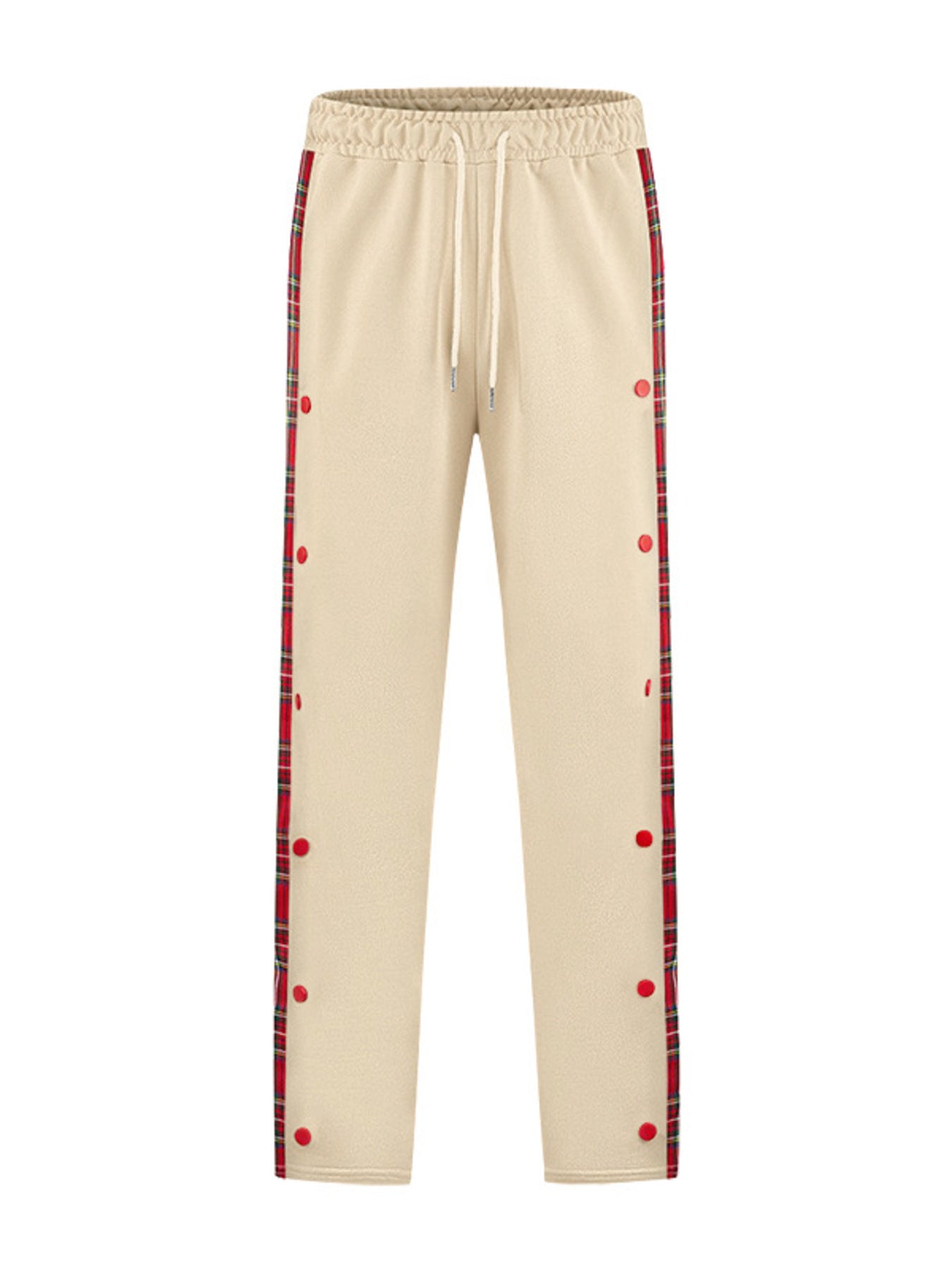 Men's Khaki sweatpants with red plaid snap-button trim and drawstring waist.