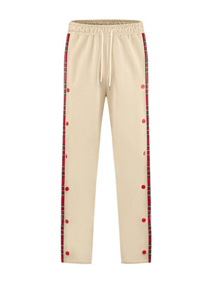 Men's Khaki sweatpants with red plaid snap-button trim and drawstring waist.