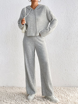 Light gray ribbed knit cropped hoodie and wide leg pants set with drawstring hood