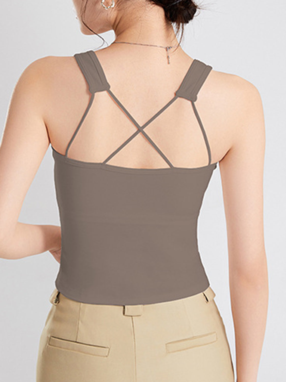 Sculpted Back Crop Tank in Dust Storm with crisscross strap detail.