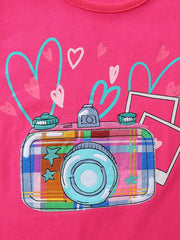 Pink cotton blend toddler set with a playful camera graphic and hearts.