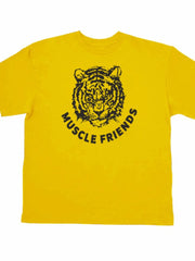Yellow oversized tee with black tiger graphic and Muscle Friends text