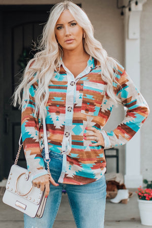 Southwestern print button-down blouse with a tie-front detail in multicolor.