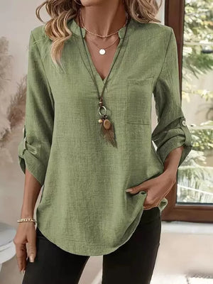 Casual V-neck Roll-sleeve T-shirt With Pocket in Khaki, view 11