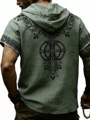 Men's Full Size Printed Hooded Short Sleeve Top in White, close-up detail