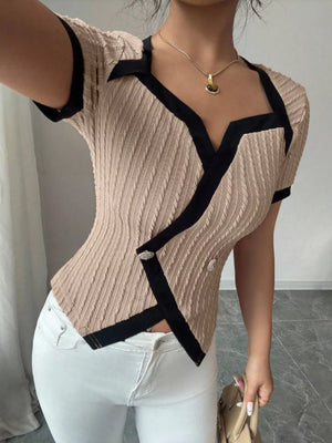 Khaki knit t-shirt with asymmetrical contrast trim and button detail.