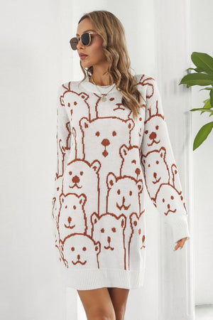 White knit dress with allover brown bear motif, crew neck, long sleeves.
