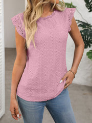 Dusty Pink eyelet cap sleeve blouse with lace trim neckline and sleeves.