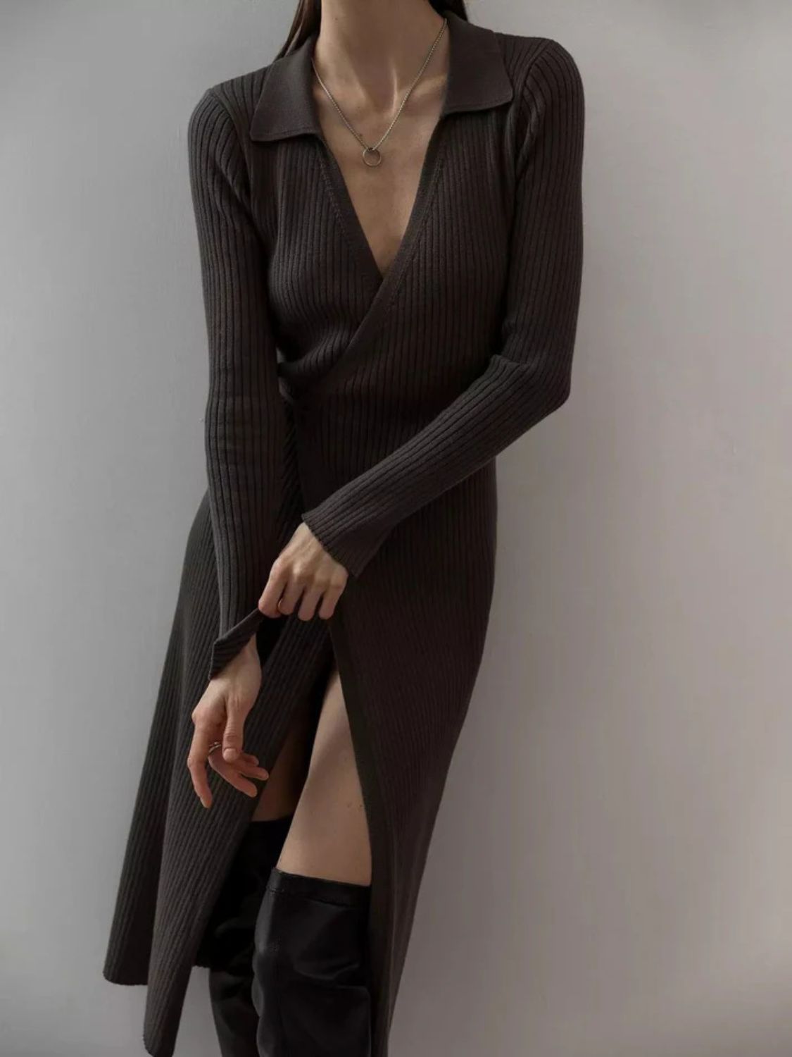 Wrap-front ribbed knit midi dress in dark brown with a collared neckline and high slit.