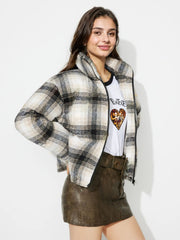 Plaid puffer jacket in gray with a stand-up collar and zip front.