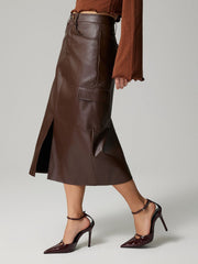 Dark brown faux leather midi skirt with cargo pocket and side slit, buttoned detail.