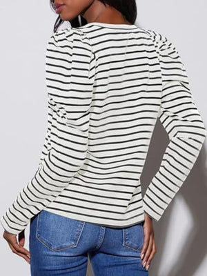 White and black striped tee with puff sleeves and crew neck, shown from the back.