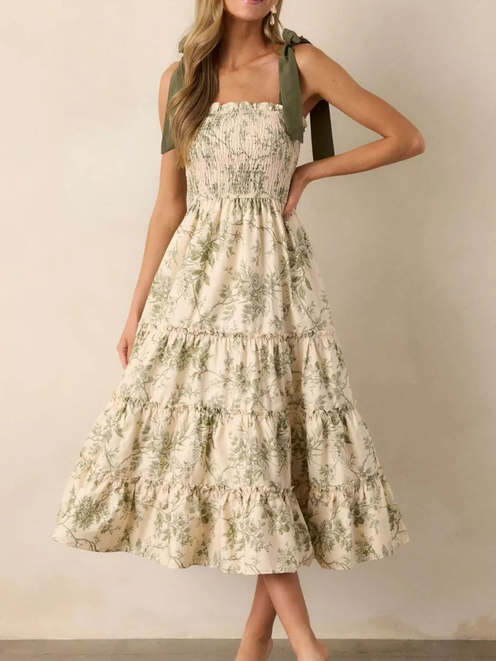 Floral tiered midi dress with smocked bodice and tie straps