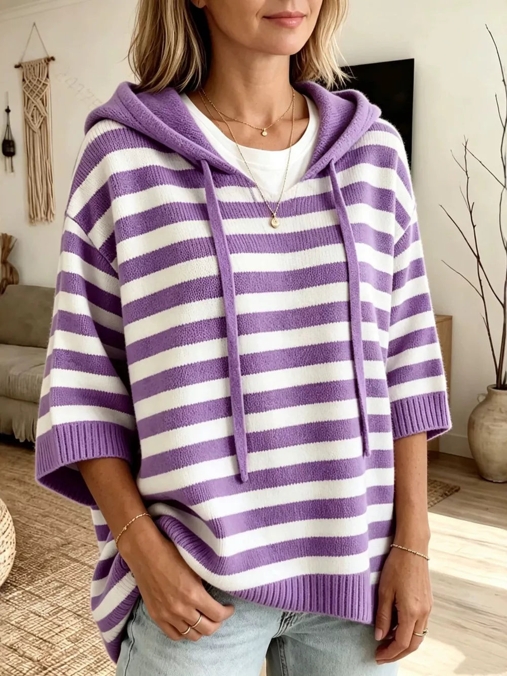 Full Size Drawstring Striped Hooded Sweater in Khaki, fabric detail