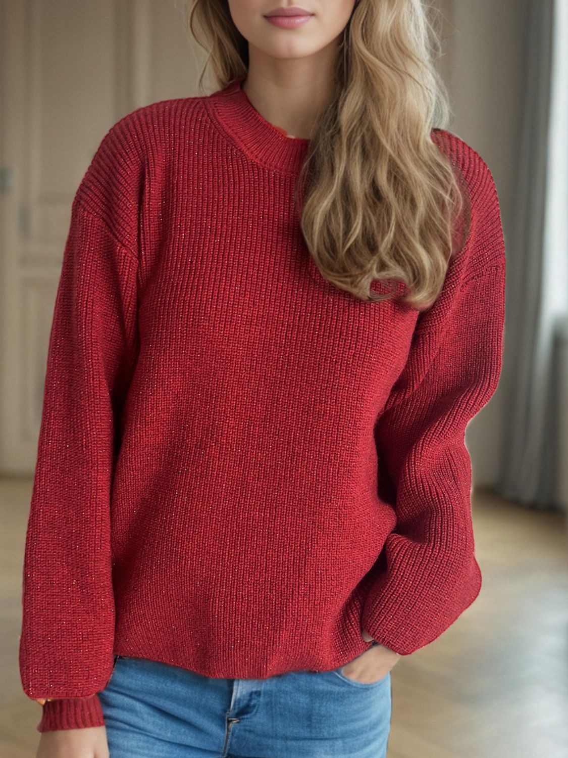 Textured ribbed knit oversized sweater in scarlet with subtle sparkle detail.