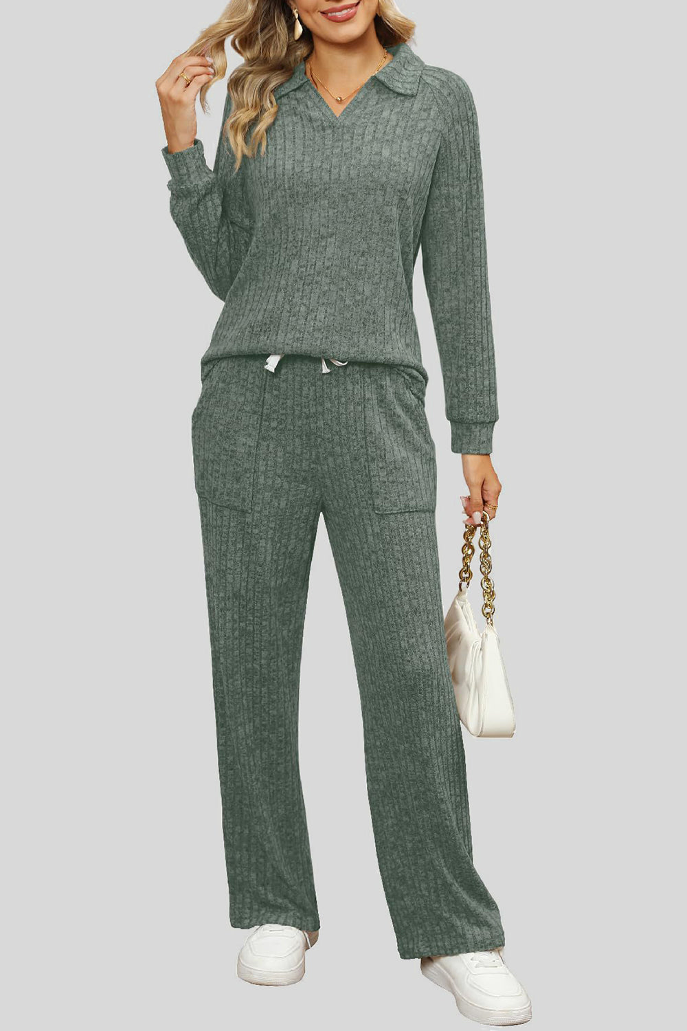 Sage ribbed knit lounge set with collar and drawstring waist pants with pockets.
