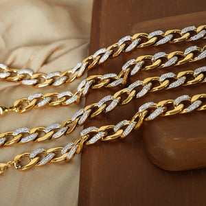 Gold curb chain necklace with zircon insets, 18K gold-plated, adjustable