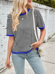 Striped knit tee with blue trim and short sleeves.