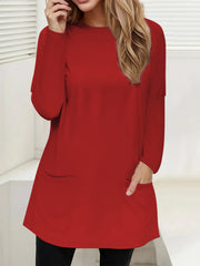Red relaxed fit tunic with patch pockets and long sleeves.