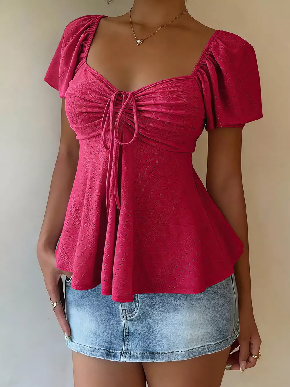 Sweetheart Neck Flutter Sleeve Top, fabric detail