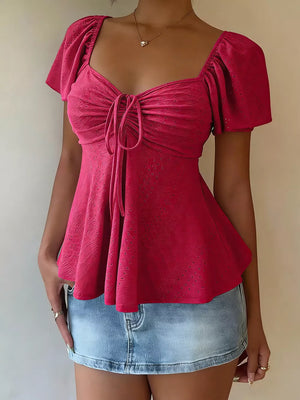 Sweetheart Neck Flutter Sleeve Top, fabric detail