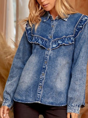 Denim ruffle button-down shirt with vintage wash and classic collar.