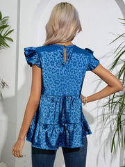 Royal blue satin babydoll top with leopard print and flutter sleeves