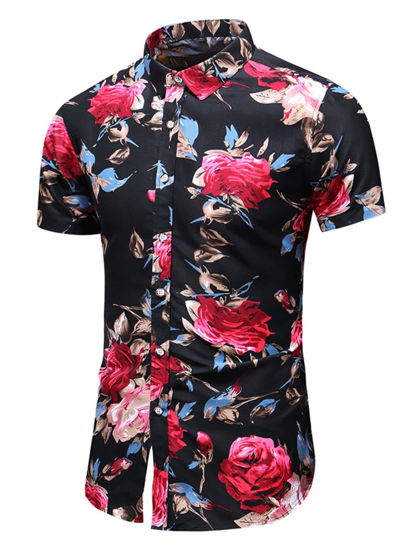 Men's black floral print short sleeve button-up shirt with red roses