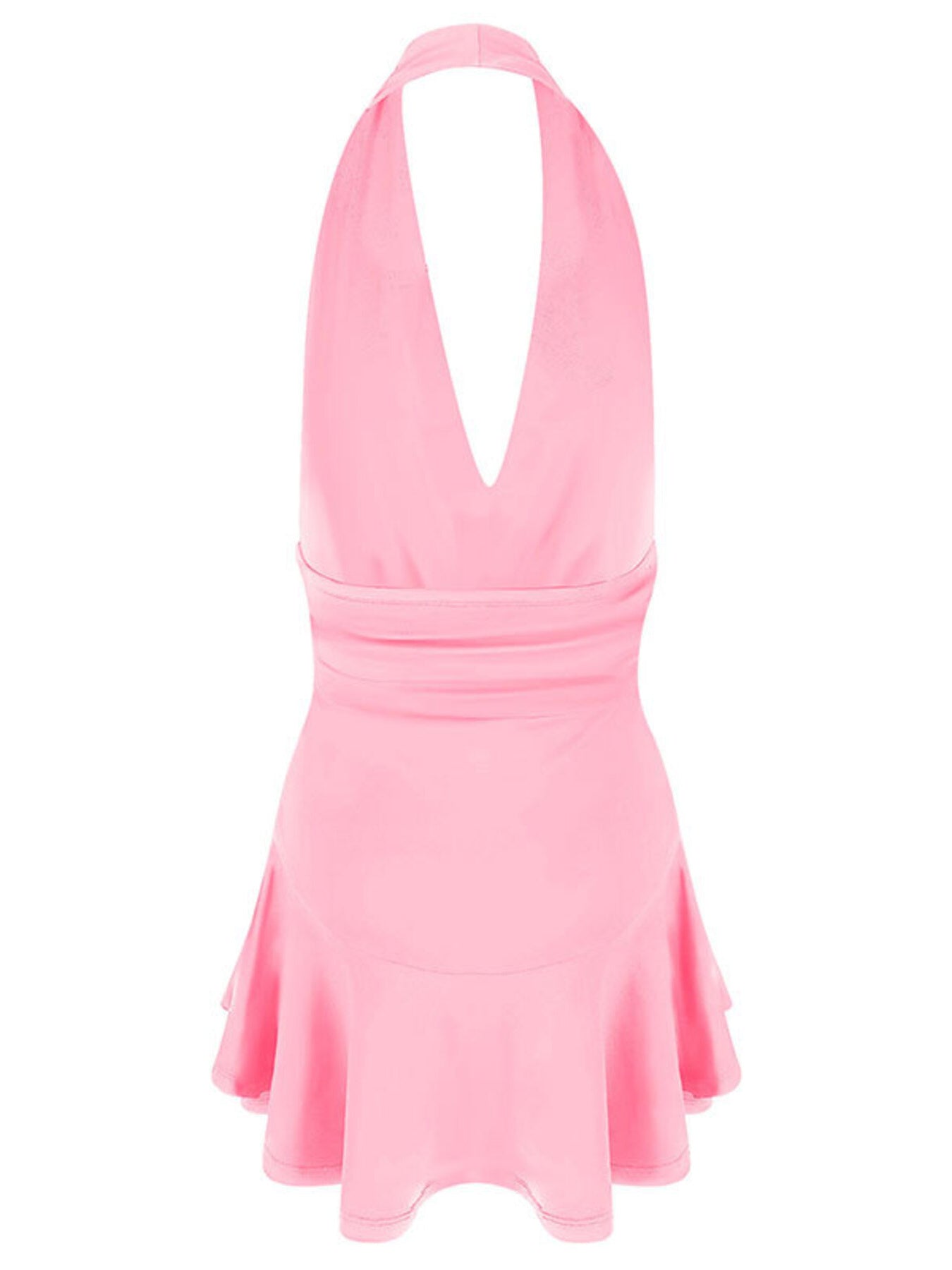 Pink halter plunging V-neck dress with ruffle hem and cinched waist detail.