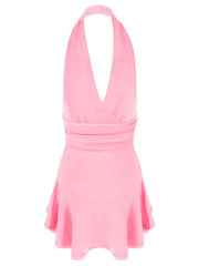 Pink halter plunging V-neck dress with ruffle hem and cinched waist detail.