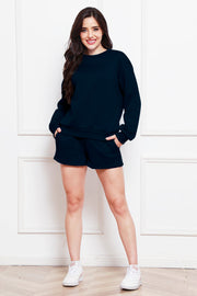 Dark Blue crewneck sweatshirt and pocket shorts loungewear set.