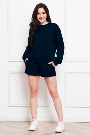Dark Blue crewneck sweatshirt and pocket shorts loungewear set.