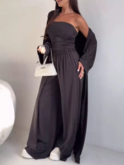 Strapless Ruched Crop Top & Wide-leg Pants Set in Black, back view