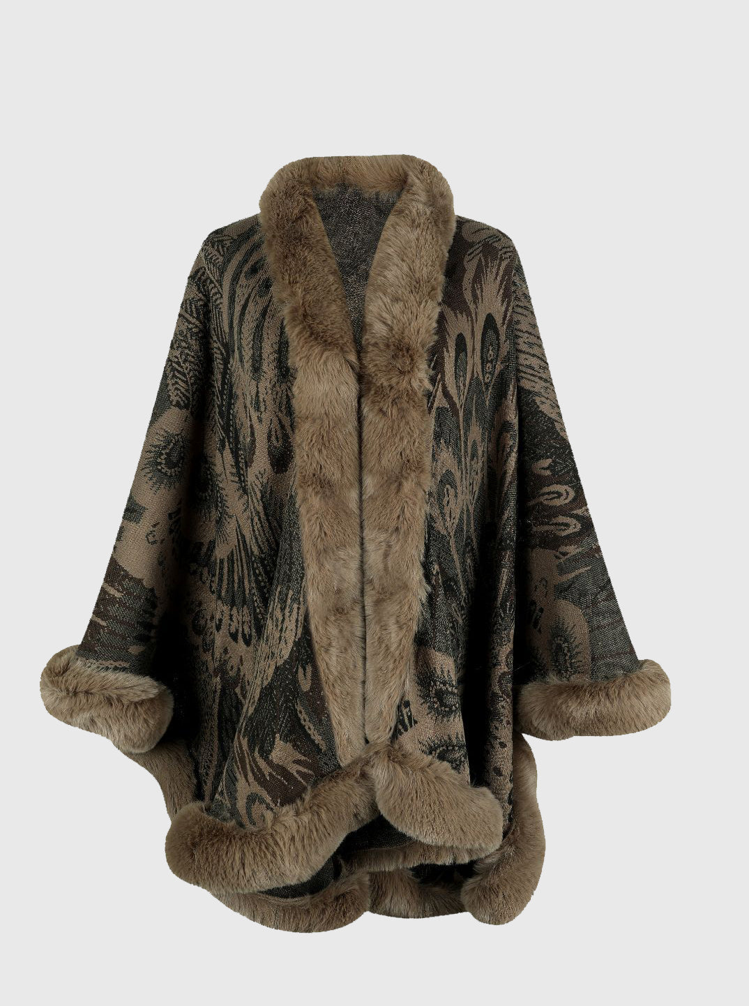 Camel feather print cape with faux fur trim and cuffs