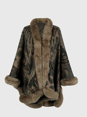 Camel feather print cape with faux fur trim and cuffs