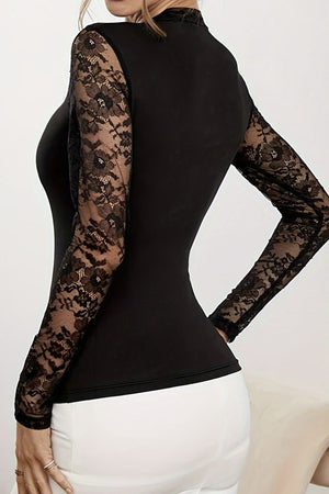 Black lace illusion bodysuit with long sleeves and a mock neck.