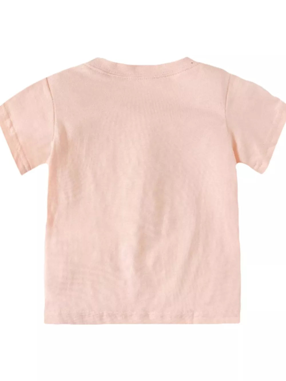 Toddler pink cotton t-shirt with short sleeves and crew neck, back view.