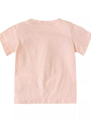 Toddler pink cotton t-shirt with short sleeves and crew neck, back view.