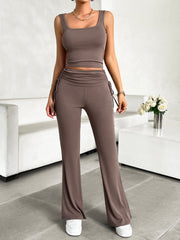 Taupe ribbed ruched waist tank and flare pants set with drawstring details.