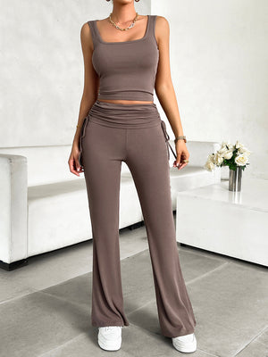 Taupe ribbed ruched waist tank and flare pants set with drawstring details.