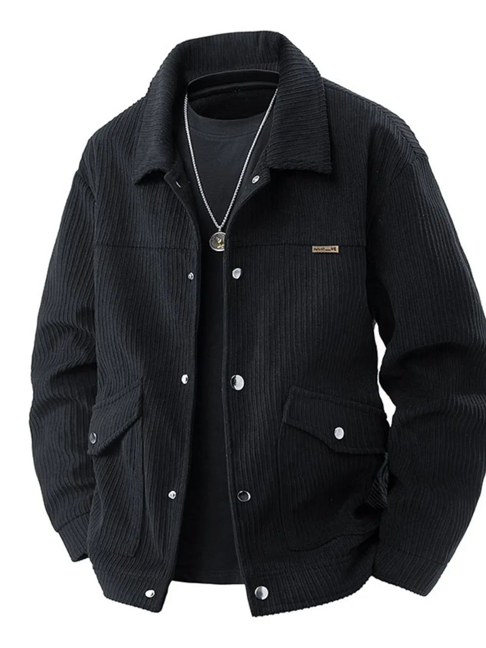 Men's Plus Size Corduroy Button Up Jacket in Black, close-up detail
