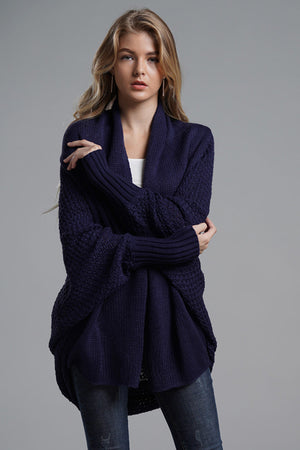 Dark Blue Cocoon Knit Sleeve Cardigan with textured sleeves and open front.