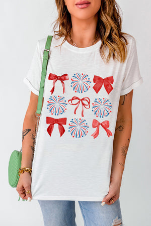White t-shirt with patriotic bow and firework graphic print